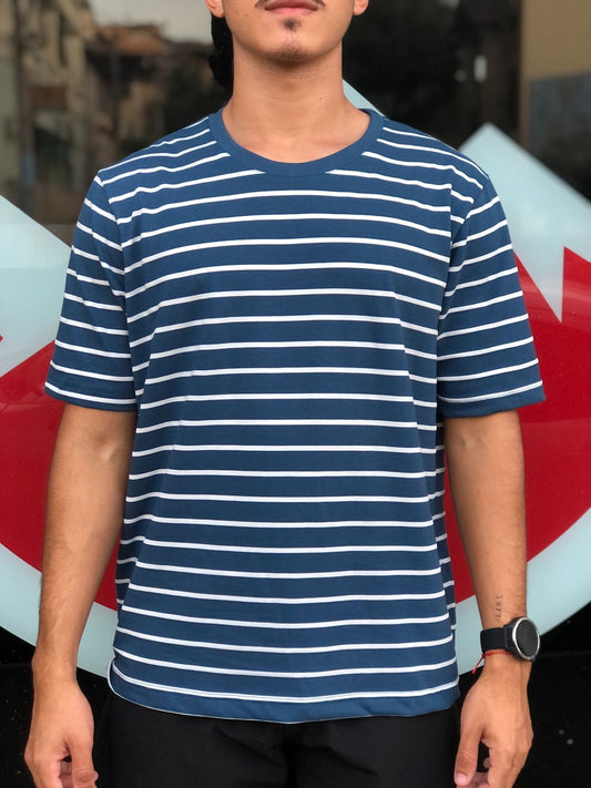 T-shirt Malha Premium Listras Especial Azul com Branco